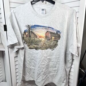 Vintage Farm Barn Sunset Gray Graphic Tee 2XL Delta‎ Pro Weight USA Cotton EUC